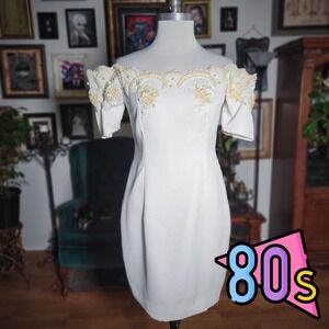 White Off-Shoulder Cocktail Dress Vintage 80s Lace Embellished Elegant‎ Formal